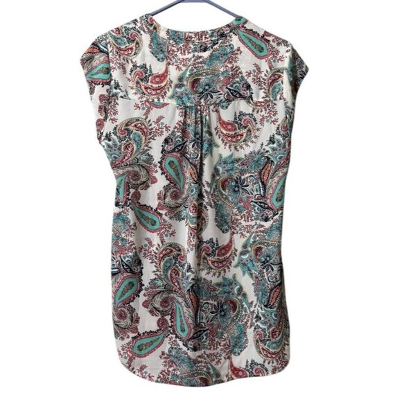 Daniel Rainn Paisley Blouse Pleated Top Casual Short Sleeve Sz Medium Polyester - Picture 2 of 7